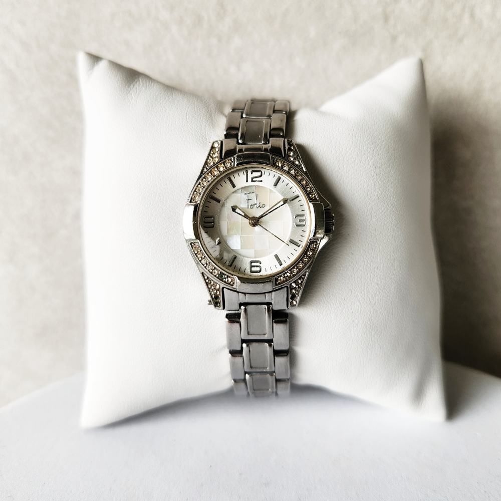 Folio Women's Watch Mother of Pearl Face Silvertoned Rhinestones Stainless Steel